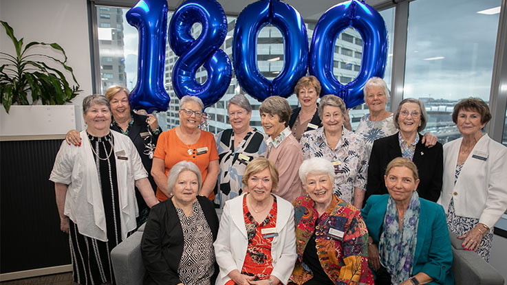 a group of view ladies posing together in front of balloons that say 1800