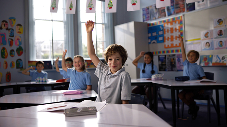a male student with his hand up in class with other school pupils